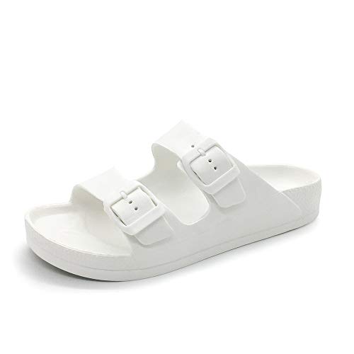 FUNKYMONKEY Women's Comfort Slides Double Buckle Adjustable EVA Flat Sandals (10 M US-Women, White)