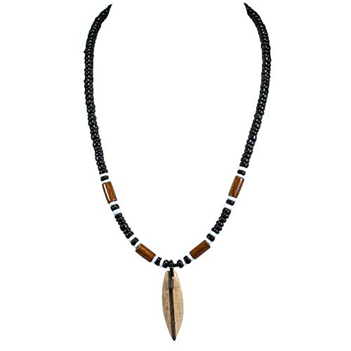 BlueRica Wood Surfboard on Black Coconut Shell Beads Necklace