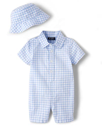 The Children's Place Baby Boys' and Newborn Woven Plaid Romper and Hat 2-Piece Set, Whirlwind, 9-12 Months