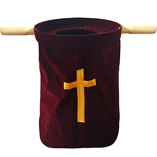 Kelendle Red Velvet Church Tithe Offering Bag with Wooden Handles Church Donation Bag Embroidered Cross Offering Bag for Christian Church Decoration M