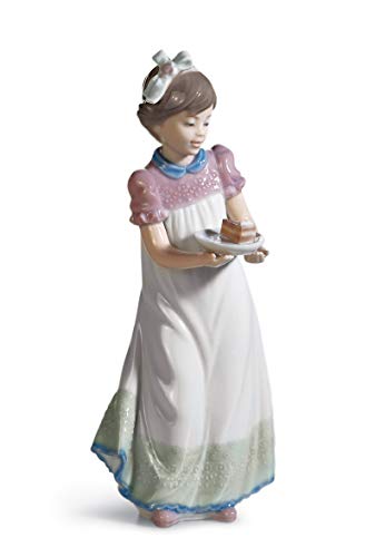 LLADRÓ Glossy Porcelain Figure Girl with Cake. Decorative Porcelain Figure of a Young Girl.