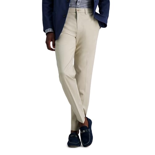 Haggar Men's Premium No Iron Khaki Straight Fit & Slim Fit Flat Front Casual Pant, Sand, 34W x 32L