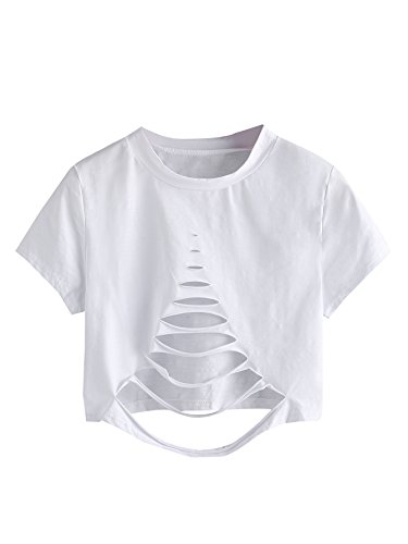 SweatyRocks Women's Short Sleeve Cutout Tee Shirt Distressed Crop Top Solid White Small