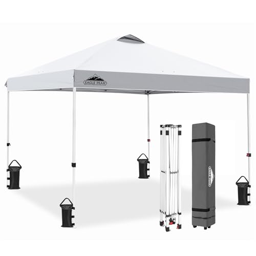 EAGLE PEAK 10x10 Pop Up Canopy Tent with Carry Bag, 4 Stakes, 4 Ropes, 4 Weight Bags, Easy Set Up Tent Canopy, 100sqft of Shade, White