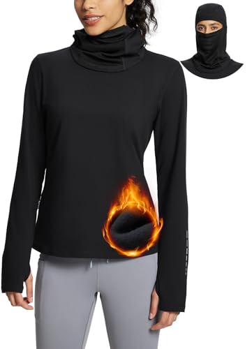 BALEAF Winter Thermal Shirts Women Warm Fleece Running Tops with Balaclava and Thumbholes Outdoor Hiking Cycling Black L