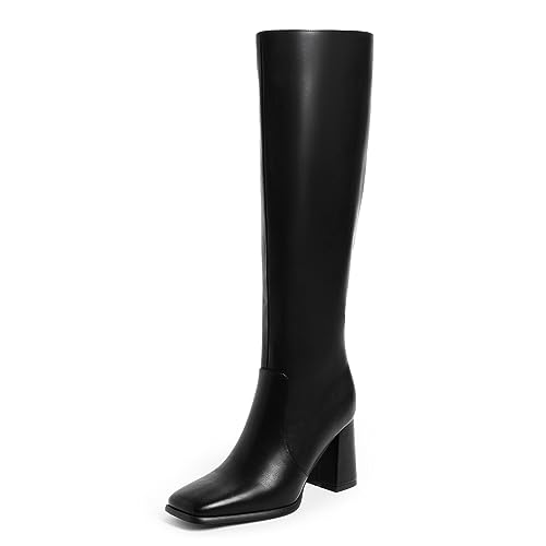 Modatope Black Knee High Chunky Heel Boots Square Toe Tall Boots for Women Block Heel Side zipper Fall Boots Women Size 8