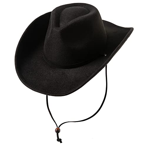 Lanzom Women Men Retro Felt Wide Brim Western Cowboy Cowgirl Hat Dress Up Hat with Wind Lanyard Fit Size 6 8/7-7 1/4(Black,Medium)