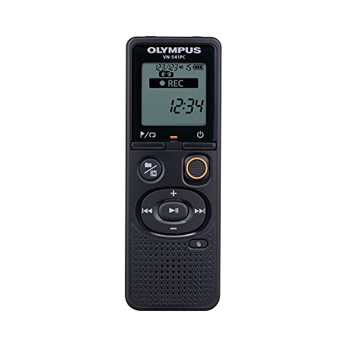 Olympus VN-541PC digital voice recorder with one-touch recording, noise-cancellation function, 4GB memory, four scenes recording, includes a micro-USB cable.