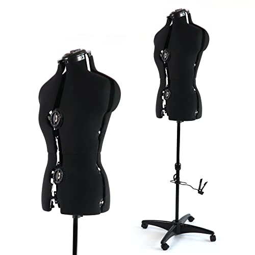 PDM WORLDWIDE Black Dress Form Adjustable Mannequin for Sewing, Female Size 6-14 Pinnable Body Form with 13 Dials & Detachable Casters, 42.5'-60' Height Range for Clothing Display, Small to Medium