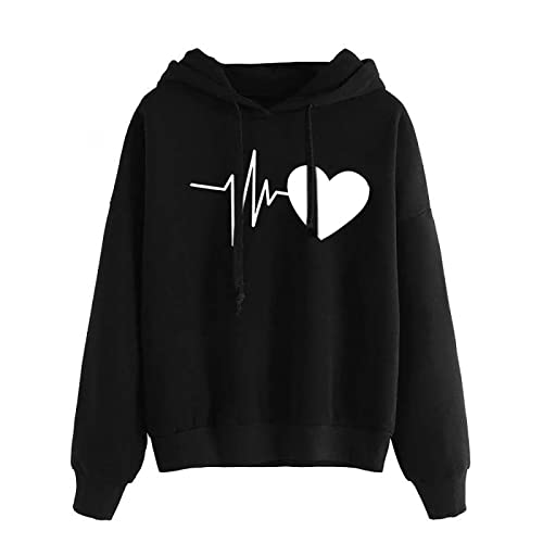 prime big deal days invite only zip up hoodies for women Hoodies for Women 2023 Long Sleeve Heart Print Drawstring Pullover Sweatshirt Loose Fit Casual Fall Winter Shirts Black M