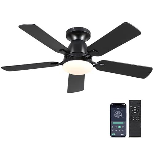 Ceiling Fans with Lights- 46' Low Profile Indoor Ceiling Fan with Light and Remote/APP Control, Flush Mount, LED Dimmable DC Reversible Modern Ceiling Fan for Bedroom（Black）