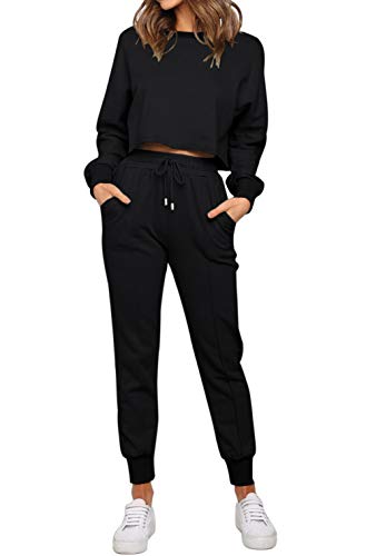 ZESICA Women's Long Sleeve Crop Top and Pants Pajama Sets 2 Piece Jogger Long Sleepwear Loungewear Pjs Sets,Black,Small