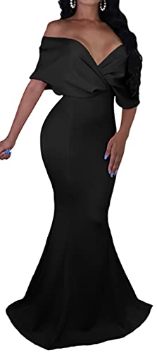 GOBLES Women Sexy V Neck Off The Shoulder Evening Gown Fishtail Maxi Dress (M, Black)