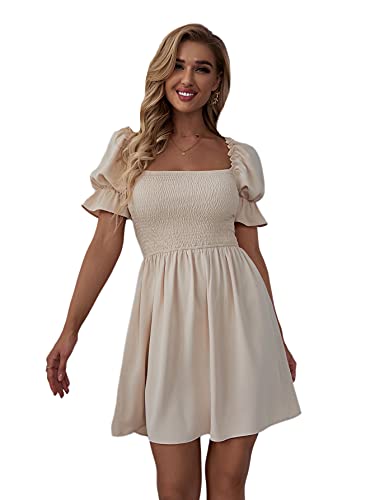 WDIRARA Women's Square Neck Flounce Short Sleeve Shirred Ruffle Hem Dress XS Beige