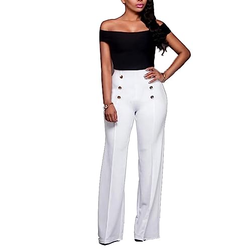 Women's Stretchy High Waisted Wide Leg Button-Down Pants Sailor Bell Flare Pants White