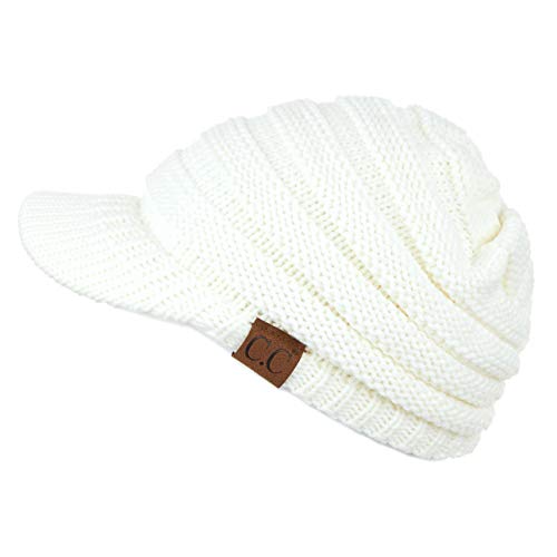Hatsandscarf CC Exclusives Women's Ribbed Knit Hat with Brim (YJ-131) (Ivory Amazon)