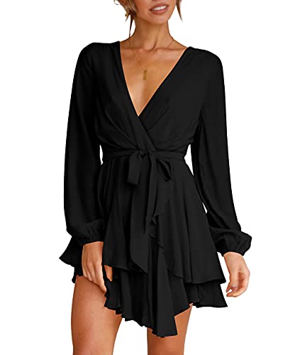 Womens Mini Dress Deep V-Neck Baggy Sleeve Ruffle Hem Short Dresses Black S