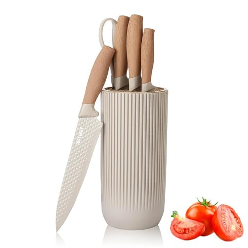 Knife Set, 6-Piece Khaki Professional Kitchen Knife Set for Chef, Super Sharp Knife Set with Universal Knife Block, Anti-Rust Stainless Steel Kitchen Knife Block Set, Ergonomical Design (Khaki)