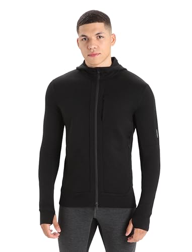 Icebreaker Merino Quantum III Zip Up Hoodie for Men, 100% Merino Wool, Long Sleeve Men’s Zip-Up Sweater with Zippered Pockets, Thumb Loops - Athletic Sweatshirt, Black, Large