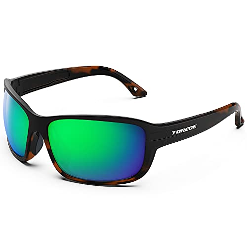 TOREGE Sports Polarized Sunglasses for Men Women Fashion Glasses Cycling Running Driving Fishing Trekking Traveling Beach Glasses TR70 (Matte Tortoise&Green REVO Lens)