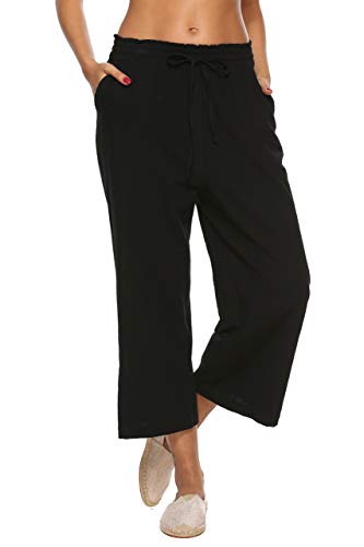LNX Women's Linen Capris Pants Casual Loose Wide Leg Trousers Black