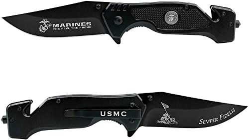 USMC Black Tactical Folding Knife-3.5 Inch Blade Marine Rescue & Hunting Knife-Two-Sided Engravings - USMC Gift-Disabled USMC Vet Owned SMALL Business