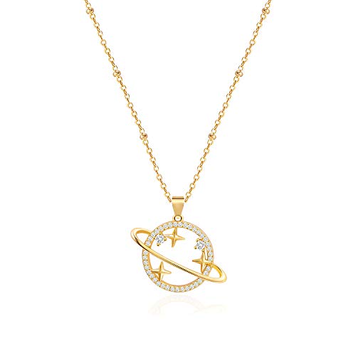Aobei Pearl 18K Gold Saturn Planet Necklace Pave Cubic Zirconia Pendant Necklace Dainty Satellite Chain Jewelry for Women Girls Mother's Day Gift 20”+2”