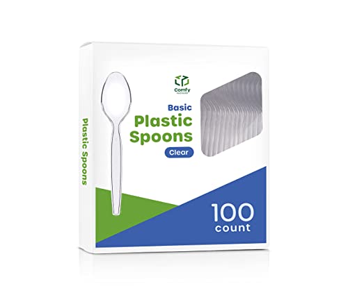 Comfy Package [100 Pack] Heavy Duty Disposable Clear Plastic Spoons - Plastic Silverware, Basic Cutlery for Parties, Events, and Everyday Use