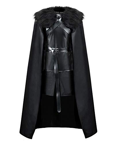 AMNPOLEN Jon Snow Knights Watch Costume Cloak Adult Men Thrones Halloween Cosplay Medieval Black PU Full Party Cape Outfit (Black Full Set, Large)