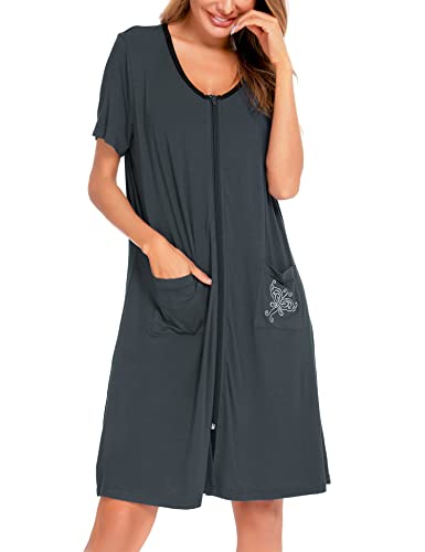 SWOMOG Zipper Front House Coat for Women Short Sleeve Housedress Lightweight Elderly Duster Summer Bathrobe with Pockets