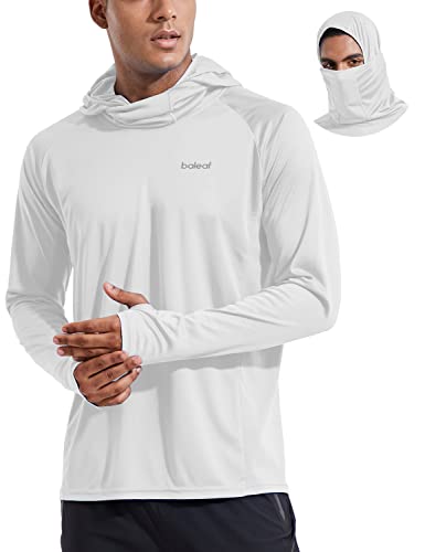 BALEAF Mens Sun Protection Hoodie Shirt, UPF 50+ UV SPF T-Shirts with Mask Rash Guard Fishing Lightweight, 03-White, Medium, Long Sleeve