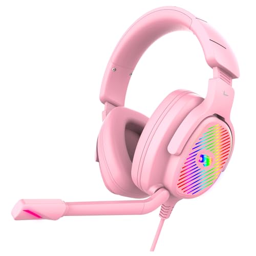 Jimonyer Gaming Headset for PC/PS4/PS5/Xbox One/Switch, Stereo Surround Sound Gaming Headphones with Noise Canceling Flexible Mic, Computer Headset with 3.5mm Jack & RGB Light (Pink)