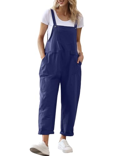 YESNO Women Long Casual Loose Bib Pants Overalls Baggy Rompers Jumpsuits with Pockets (XL PV9 Navy Blue)