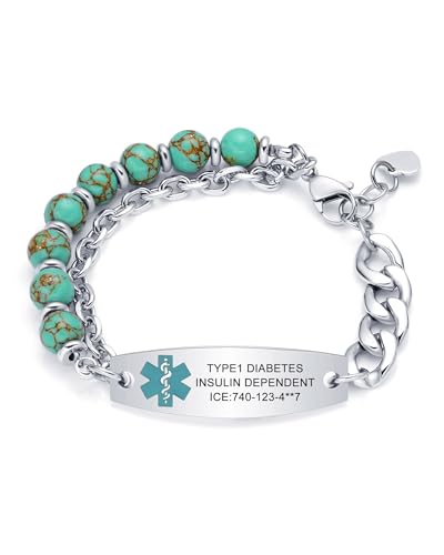 JFJEWER Medical Alert Bracelets for Women, Personalized Custom Medical ID Bracelet, Stainless Steel Layered Emergency Medic Alert ID Bracelet, Turquoise Stone Beaded & Green Medical Symbol