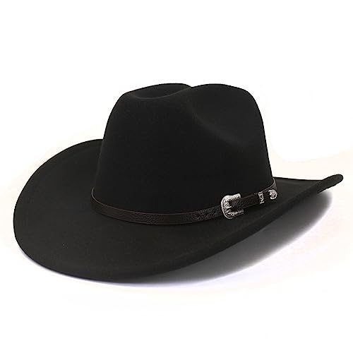 Classic Women Men Western Cowboy Hat Cowgirl Hat Wide Brim Outdoor Fedora Hat with Buckle Belt (Black, M)