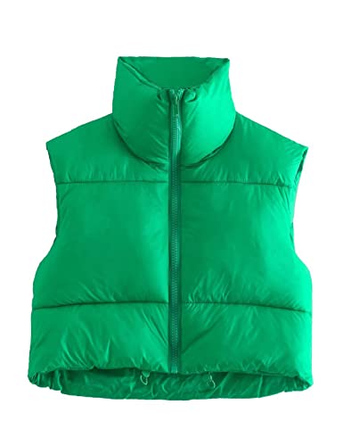 UANEO Cropped Puffer Vest Women Zip Up Stand Collar Sleeveless Padded Crop Puffy Vests (Green-M)