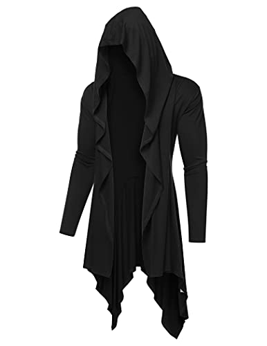 COOFANDY Men's Long Hooded Cardigan Ruffle Shawl Collar Open Front Lightweight Drape Cape Overcoat with Pockets