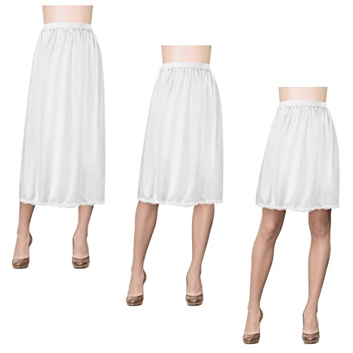 3 Pieces Half Slips for Women 3 Kinds of Length 19, 27, 35 Inch Slip Under Dress Satin Lace Long Skirt (White, Medium)