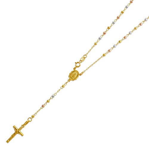 Solid 14K Tri-color Gold Chain Cross Necklace DC Bead Rosary Necklace (16, 18, 20, 24, 26'), 16'