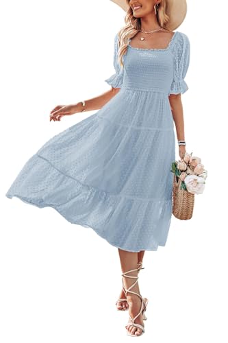 MEROKEETY Women's 2024 Summer Casual Bubble Sleeve Smocked Boho A-Line Pleated Chiffon Dresses, Blue, S