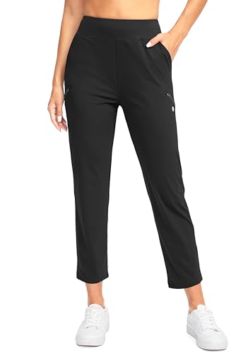 SANTINY Women's Golf Pants with 3 Zipper Pockets 7/8 Stretch High Waisted Ankle Pants for Women Travel Work (Black_L)