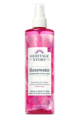 HERITAGE STORE Rosewater, Refreshing Facial Mist for Glowing Skin, With Damask Rose Oil, All Skin Types, Rose Water Spray for Face Made Without Dyes or Alcohol, Vegan & Cruelty Free (12oz)