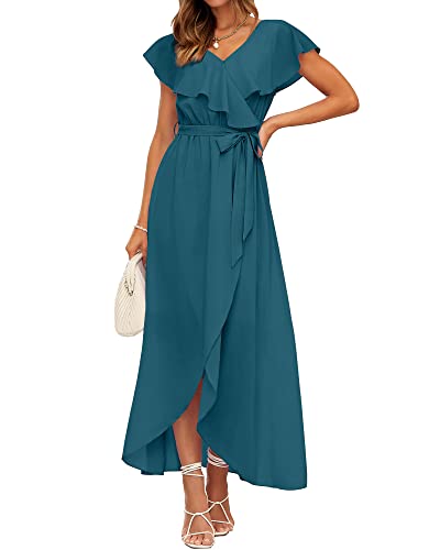 BTFBM Women's Summer Chiffon Maxi Dresses Deep V Neck Ruffle Short Sleeve Beach Party Cocktail Flowy Wrap Dress with Belt(Solid Dark Blue, Large)