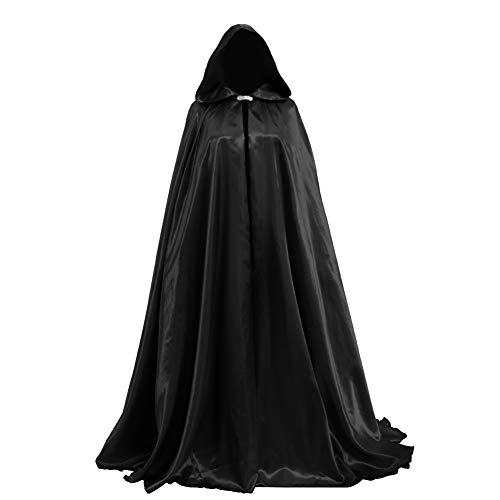 Women Hooded Cape With Clasp Full Length Satin Capes For Women Hooded Wedding Cloak 53.54 IN (Black)