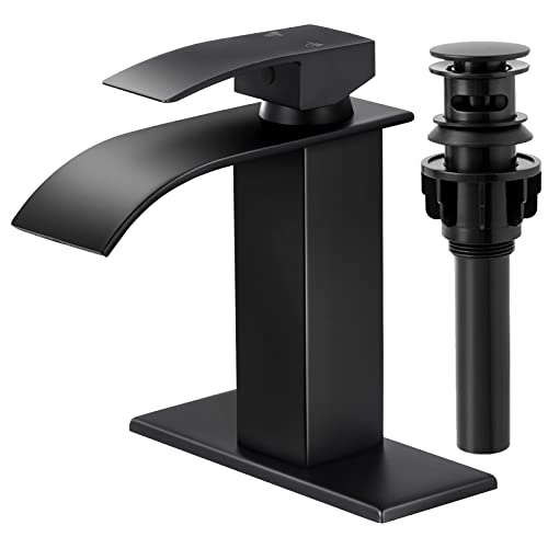 KZH Waterfall Bathroom Faucet, Single Handle Bathroom Faucets for 1 or 3 Hole Bathroom Sink Faucet Washbasin Faucet RV Vanity Faucet with Deck Plate, Pop-up Drain and Supply Hoses Matte Black