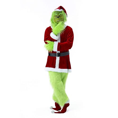Lukvuzo Adult 7PCS Green Monster Costumes Furry Christmas Costume Cosplay Santa Outfit Sets M