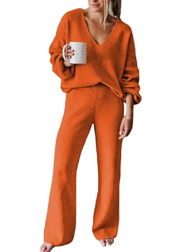 Fixmatti Women 2 Pieces Knit Outfits V Neck Sweater and Knitted Pants Sets Wide Leg Sweatsuits Orange L