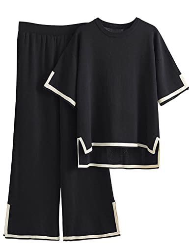 Tanming Sweater Sets Women 2 Piece Lounge Sets Short Sleeve Knit Pullover Tops Wide Leg Pants (Black-L)