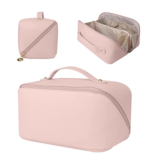 XASRVIR 2023 New Large Capacity Travel Cosmetic Bag for Women?PU Leather Waterproof Portable with Handle and Divider?Hanging Travel Toiletry Bag Cosmetic (Pink)