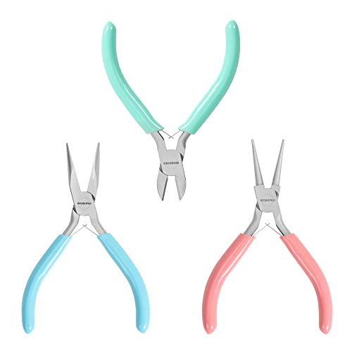 WORKPRO Jewelry Pliers Set, 3 Pack Jewelry Making Tool Kit Includes Mini Needle Nose Pliers/Chain Nose Pliers, Round Nose Pliers and Wire Cutter for Jewelry Repair, DIY Crafts, Jewelry Making Supplies